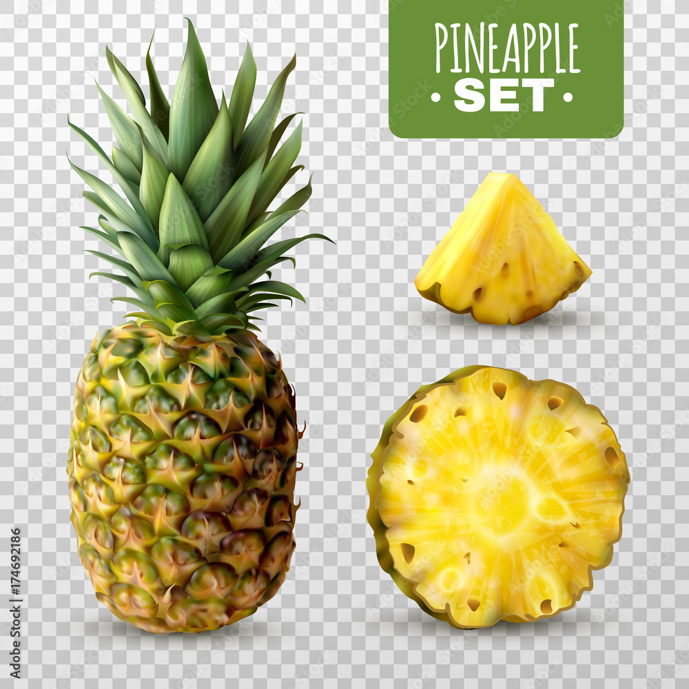 Realistic Pineapple Set - obrazy, fototapety, plakaty 