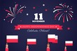 11 november. Poland Independence Day greeting card. Celebration background with fireworks, flags and text. Vector illustration