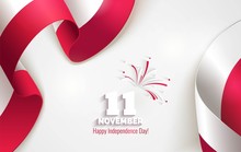 11 November. Poland Independence Day Greeting Card. Waving Poland Flags Isolated On White Background. Patriotic Symbolic Background  Vector Illustration