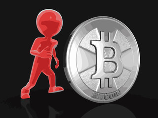 Poster - Silver bitcoin and man. Image with clipping path