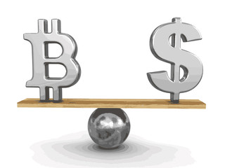Poster - Bitcoin and dollar sign balanced on plank. Image with clipping path