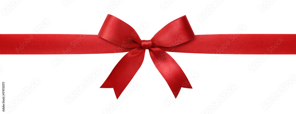 Red ribbon with bow isolated on white background. - obrazy, fototapety, plakaty 