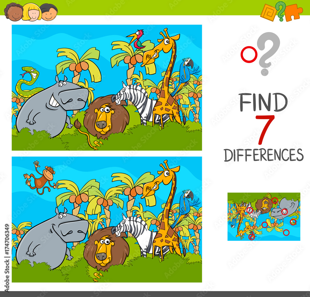 spot the differences game with safari animals Stock Vector | Adobe Stock