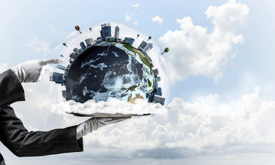 Wall Mural - Hand of waitress presenting Earth globe on tray.