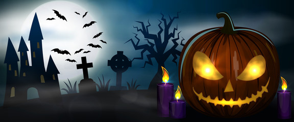 Wall Mural - Night cemetery, crosses, tombstones and graves horizontal banner. Carved Halloween pumpkins. Colorful scary Halloween illustration. Vector