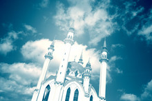 Fragment Of The Mosque Against The Sky. Toned. Horizon Line Is Deliberately Skewed
