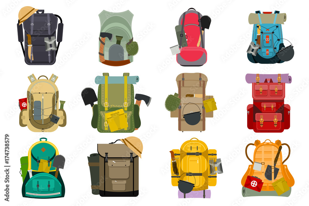 Backpack rucksack travel tourist knapsack outdoor hiking traveler backpacker baggage luggage vector illustration. - obrazy, fototapety, plakaty 