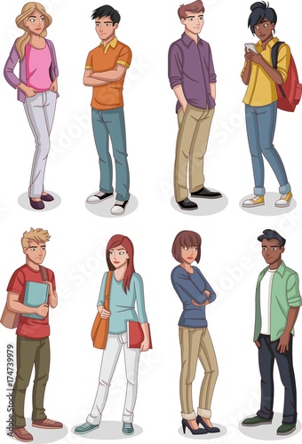Group of cartoon young people. Teenagers.