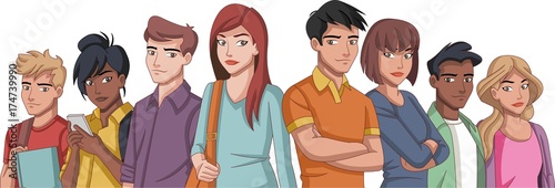 Group of cartoon young people. Teenagers.