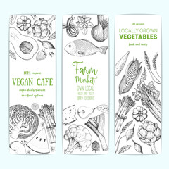 Wall Mural - Healthy food banner set. Vegetables, fruits, meat, fish hand drawn. Organic food set, vector illustration. Engraved style