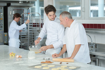 chief chef watching his assistant garnishing a dish