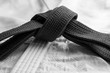Black judo, aikido or karate belt on white budo gi