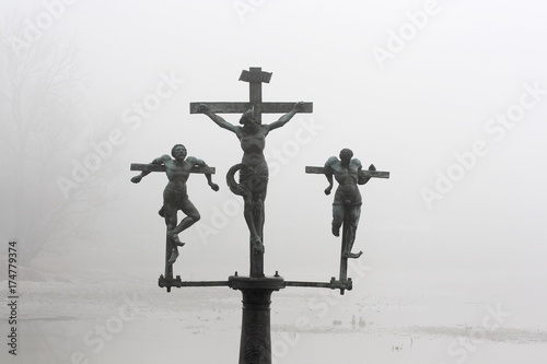 Fotomural Crucifixion of Jesus Christ, INRI, sculpture on the bridge to the Insel Mainau i