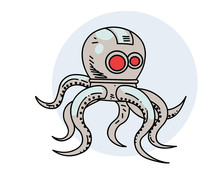 Robot Octopus, Hand Drawn Cartoon Image. Freehand Artistic Illustration.