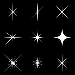 Poster - Sparkle lights stars. Set of glowing explosion sign. Flashes sunburst icon. Vector illustration.