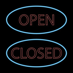 Aufkleber - Open and Closed neon signborad. Illuminated signage. Glowing colorful door sign. Vector illustration.