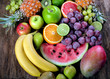 Fresh organic fruits background. Healthy eating concept. Top view.