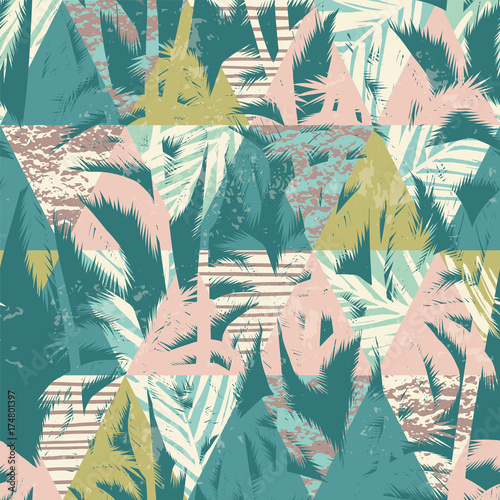 Nowoczesny obraz na płótnie Seamless exotic pattern with tropical plants and geometric background.