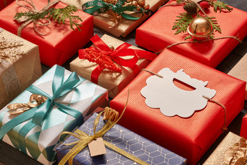 Christmas presents on wooden background