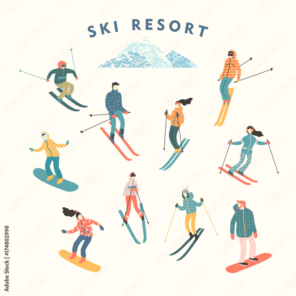 Vector illustration of skiers and snowboarders. - obrazy, fototapety, plakaty 