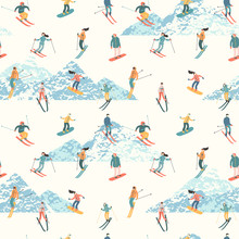 Vector Illustration Of Skiers And Snowboarders. Seamless Pattern.