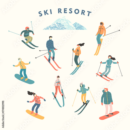 Fotomural Vector illustration of skiers and snowboarders.