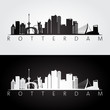 Rotterdam skyline and landmarks silhouette, black and white design, vector illustration.