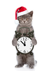 Poster - Cat in red christmas hat with alarm clock. isolated on white background