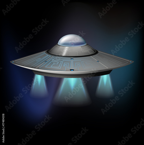 Plakat UFO latające w ciemnej przestrzeni