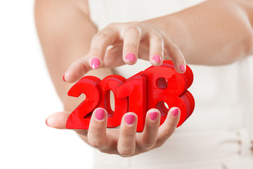 Poster - Two Woman Hands Protecting 2018 New Year Sign.
