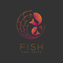 Fish Symbol Icon And Fishing Net, Air Bubble Set Orange Violet Gradient Color Design Illustration Isolated On Dark Background With Fish Text And Copy Space, Vector Eps10