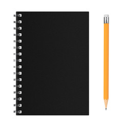 Fototapete - Top View of Black Closed Spiral Paper Cover Notebook with Yellow Pencil with Blank Space for Yours Design. 3d Rendering