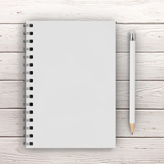Poster - Top View of White Closed Spiral Paper Cover Notebook with White Pencil with Blank Space for Yours Design. 3d Rendering