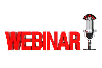 Poster - Online Education Concept. Red Webinar Sign with Microphone and On The Air Sign. 3d Rendering