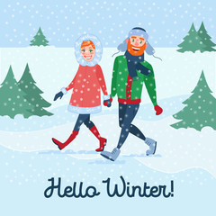 Canvas Print - happy couple on winter holidays. man and woman holding hands and enjoying snowfall. christmas time. 