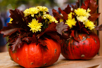 Wall Mural - Autumn still life with flowers and pumpkin