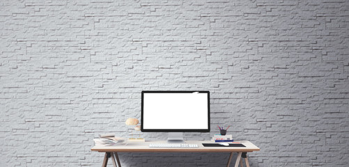Wall Mural - mockup scene creatorcomputer display and office tools on desk. desktop computer screen isolated. mod