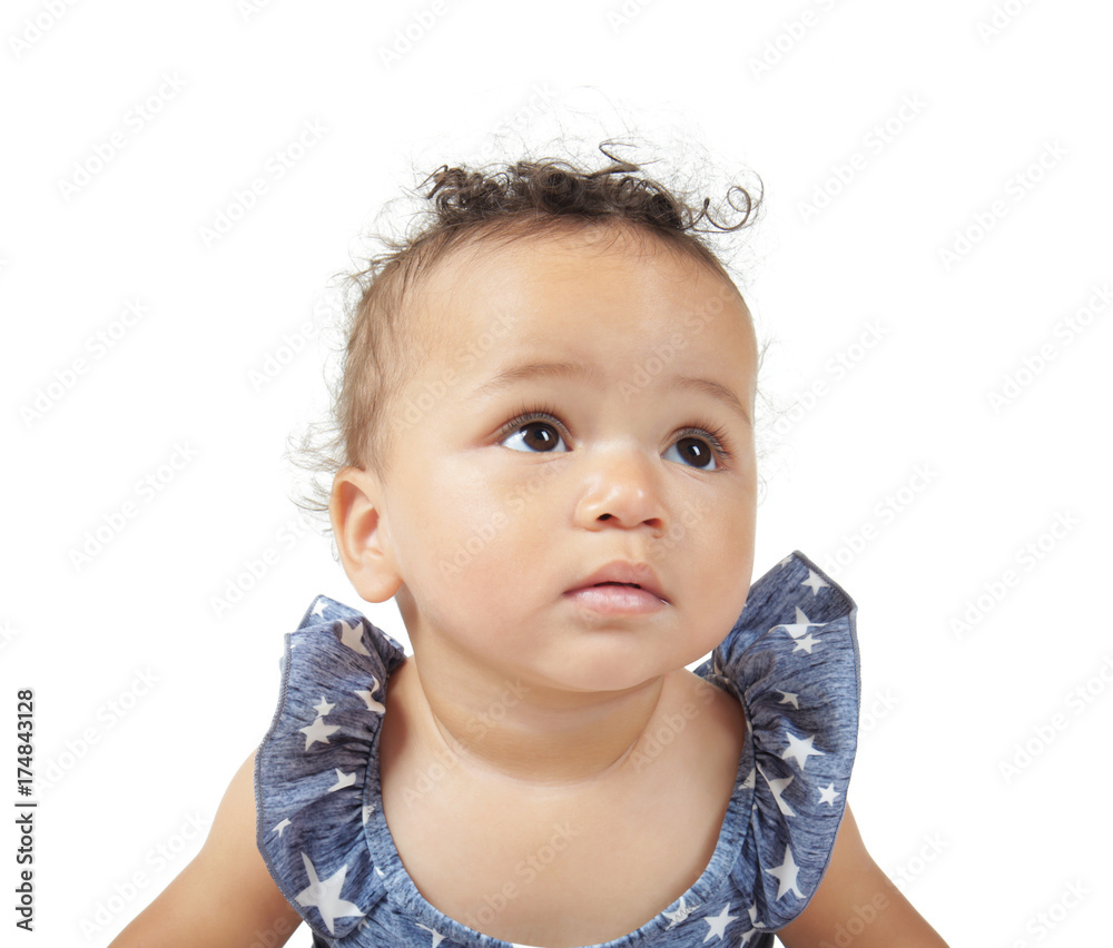 Cute little baby in swimsuit, isolated on white