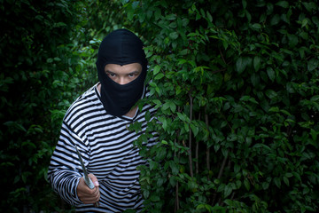 a terrorist or robber is standing behind the bush with knife and looking at camera/selective focus/c