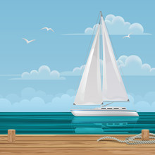Vector Illustration With A Sailboat, Pier, Clouds And Birds