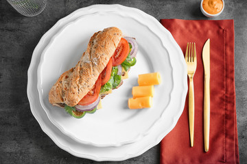 Wall Mural - Plate with steak sandwich on table