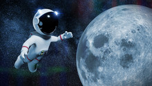 Cartoon Astronaut Character In White Space Suit Is Performing A Space Walk In Orbit Of The Moon 