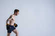 © Anatoliy Karlyuk - Sports and endurance concept. Professional furious young male boxer shouting, showing his readiness to beat his opponent. Attractive angry bearded kickboxer wearing trunks and gloves, training in gym
