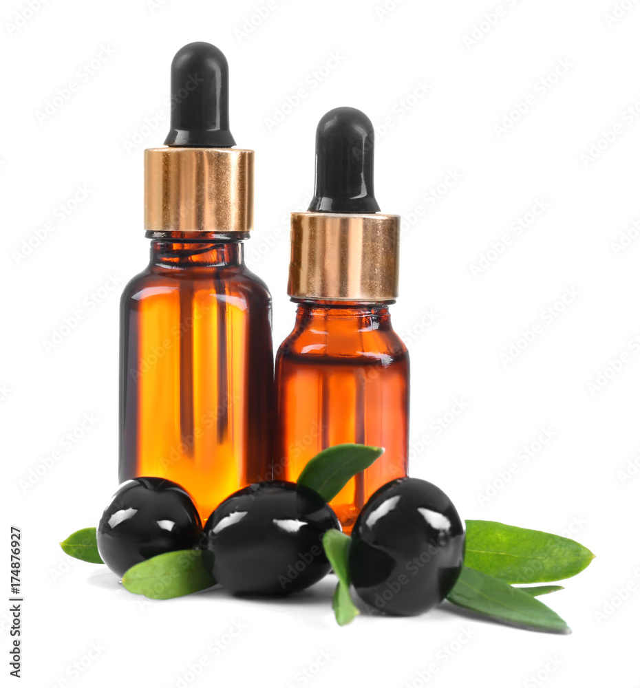 Bottles with natural olive oil isolated on white