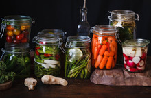 Preserved Salted Vegetables Group Assorted Carrots Cucumber Peas Variety Conserve Vegetables In Mason Jars Canning Fermented Food Concept 