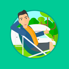 Poster - Young man sitting in a folding chair and giving thumb up on the background of camper van. Man enjoying vacation in camper van. Vector flat design illustration in the circle isolated on background.