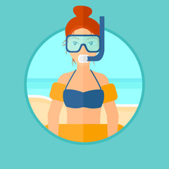 Wall Mural - Woman in mask, tube and rubber ring standing on the background of beach and sea. Woman wearing snorkeling equipment on the beach. Vector flat design illustration in the circle isolated on background.