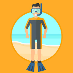 Sticker - Man in diving suit, flippers, mask and tube standing on the beach