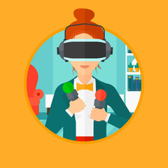 Canvas Print - Young woman wearing a virtual relaity headset and holding motion controllers in hands. Woman playing video games in apartment. Vector flat design illustration in the circle isolated on background.