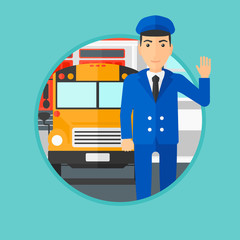 Poster - School bus driver waving while standing in front of yellow bus. School bus driver standing on the background of school building. Vector flat design illustration in the circle isolated on background.